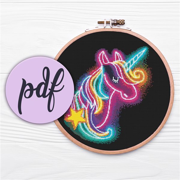 Neon Unicorn cross stitch pattern in a hoop