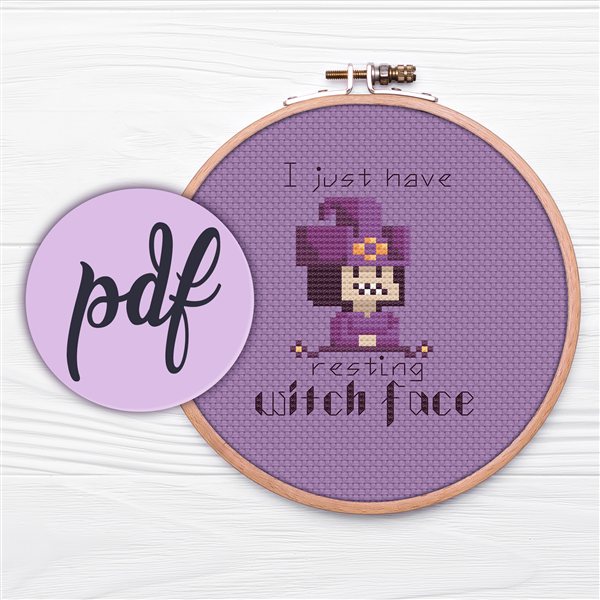 Resting Witch Face cross stitch pattern in a hoop