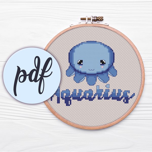 Aquarius kawaii zodiac cross stitch pattern in a hoop
