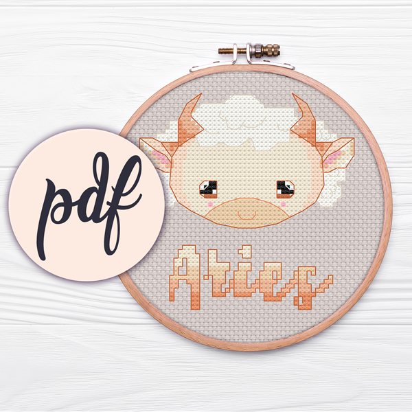 Aries kawaii zodiac cross stitch pattern in a hoop