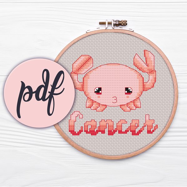Cancer kawaii zodiac cross stitch pattern in a hoop
