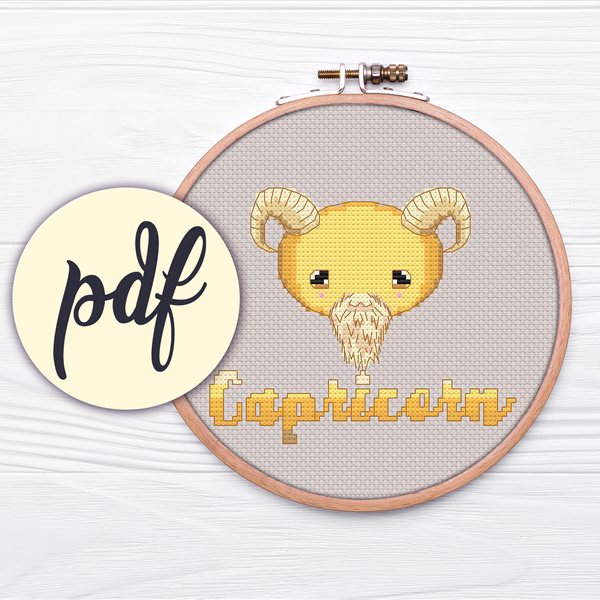 Capricorn kawaii zodiac cross stitch pattern in a hoop