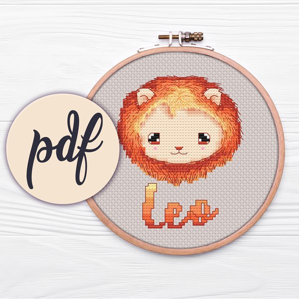 Leo kawaii zodiac cross stitch pattern in a hoop