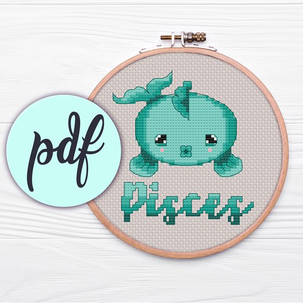 Pisces kawaii zodiac cross stitch pattern in a hoop
