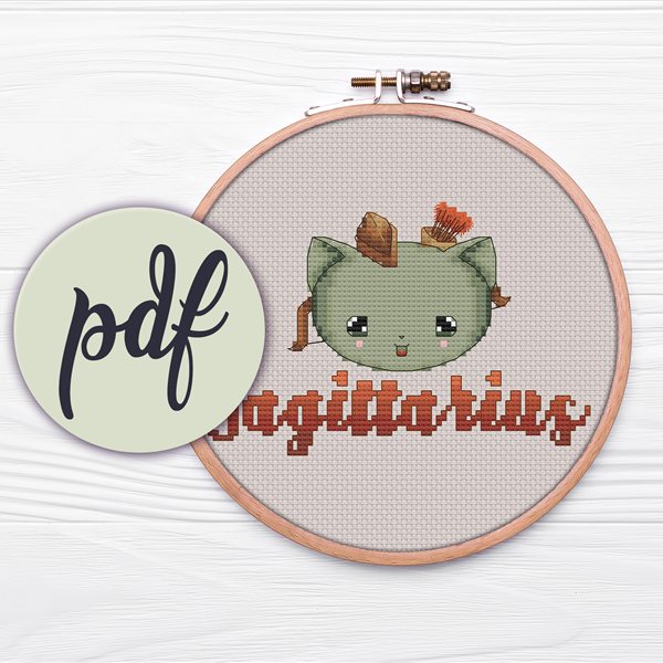 Sagittarius kawaii zodiac cross stitch pattern in a hoop