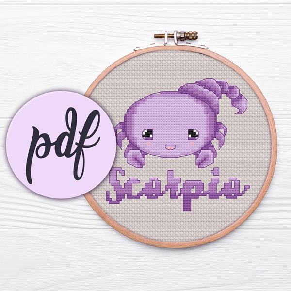 Scorpio kawaii zodiac cross stitch pattern in a hoop
