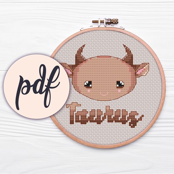 Taurus kawaii zodiac cross stitch pattern in a hoop