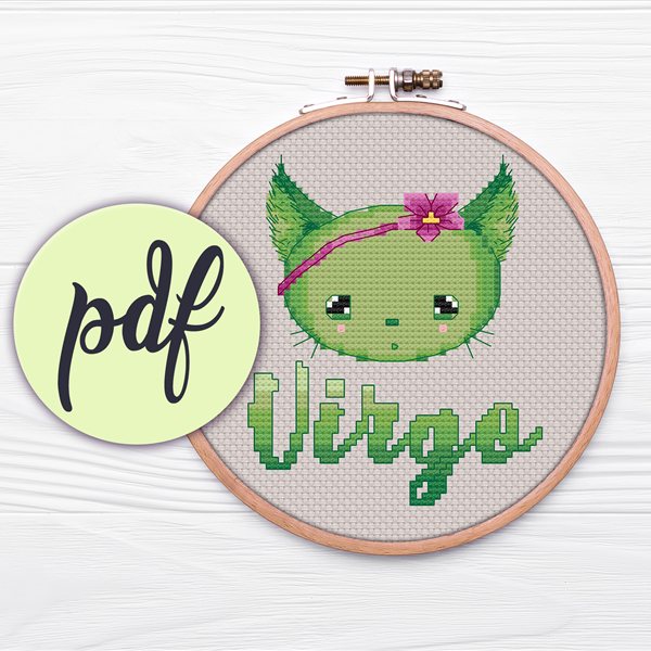 Virgo kawaii zodiac cross stitch pattern in a hoop
